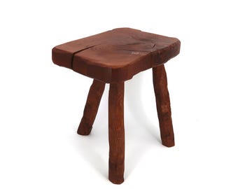 Brutalist Wooden Tripod Stool, French Rustic Three-Leg Stool, Hand Carved Wood, 1950s Vintage