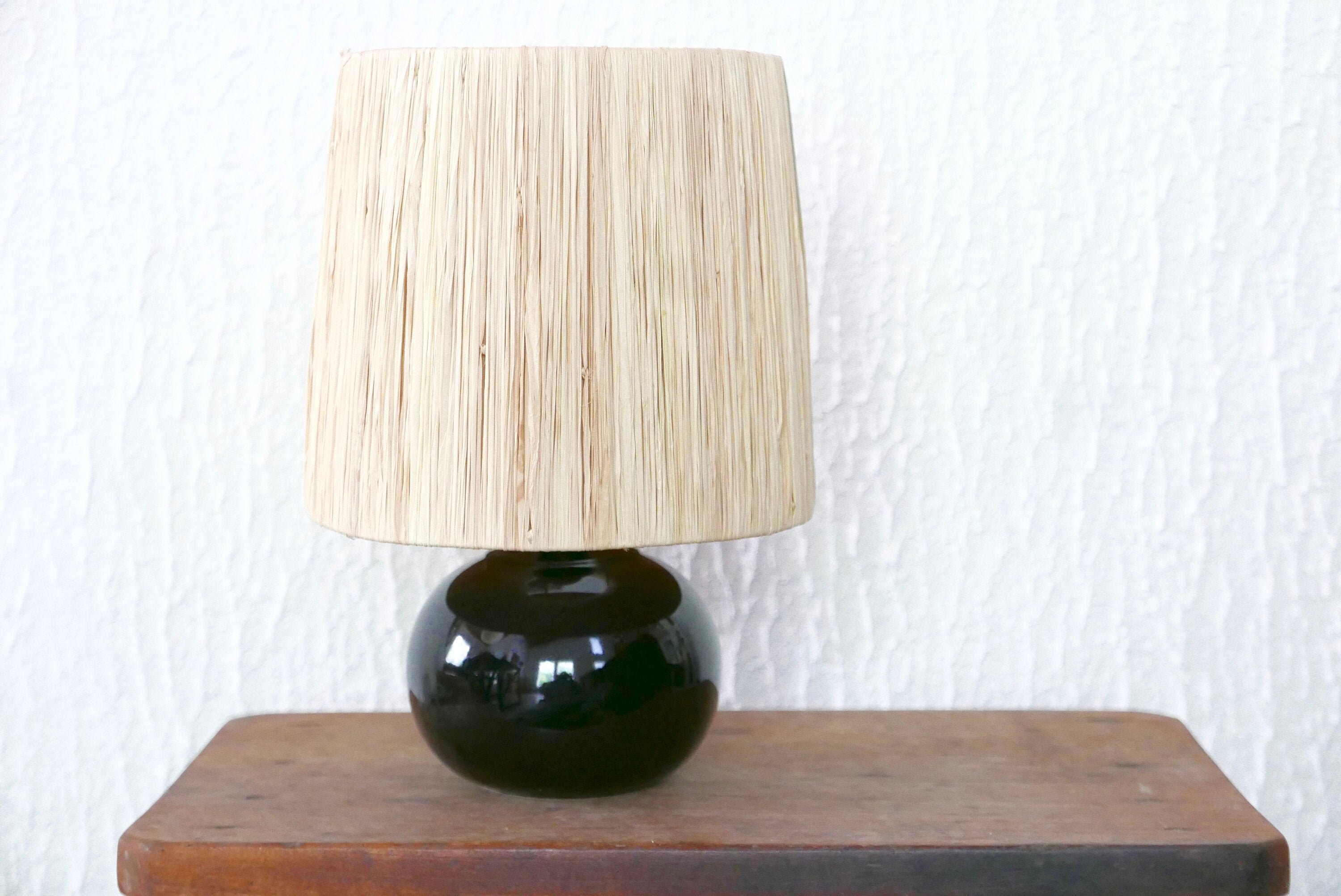 Lampe Noire en Céramique, Abat Jour Raphia, Années 80/Vintage, Boheme Chic, Campagne