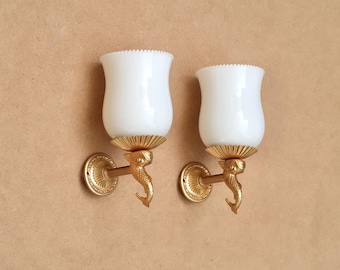 Pair of Gold-Tone Metal and Opaque Glass Fish Sconces, 1950s / Vintage, Bathroom, Kitsch