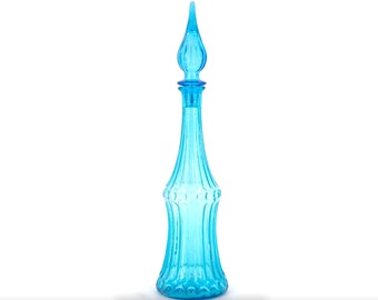 Empoli blue glass genie bottle, Italian decanter, 1960s / Empoli, boho chic, bohemian, folk, Made in italy