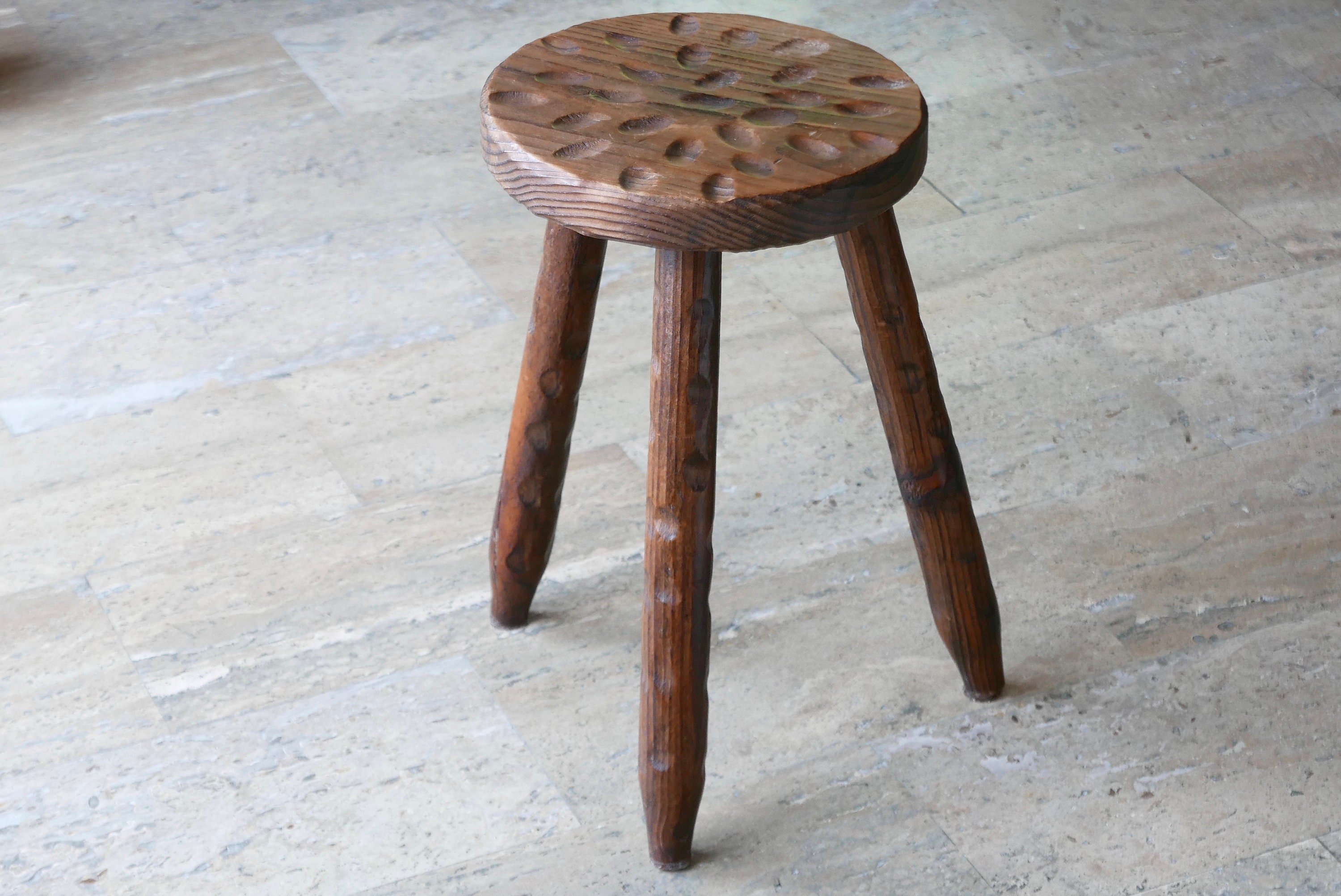 Tabouret Tripode en Bois, Années 50 Vintage/Porte Plante, Berger, Sellette, Cottage, Rustique, Campa