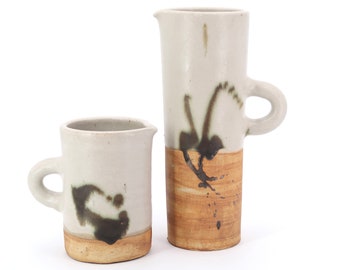 French ceramic pitchers by La Poterie de la Colombe, 1970s / abstract green brown country boho chic