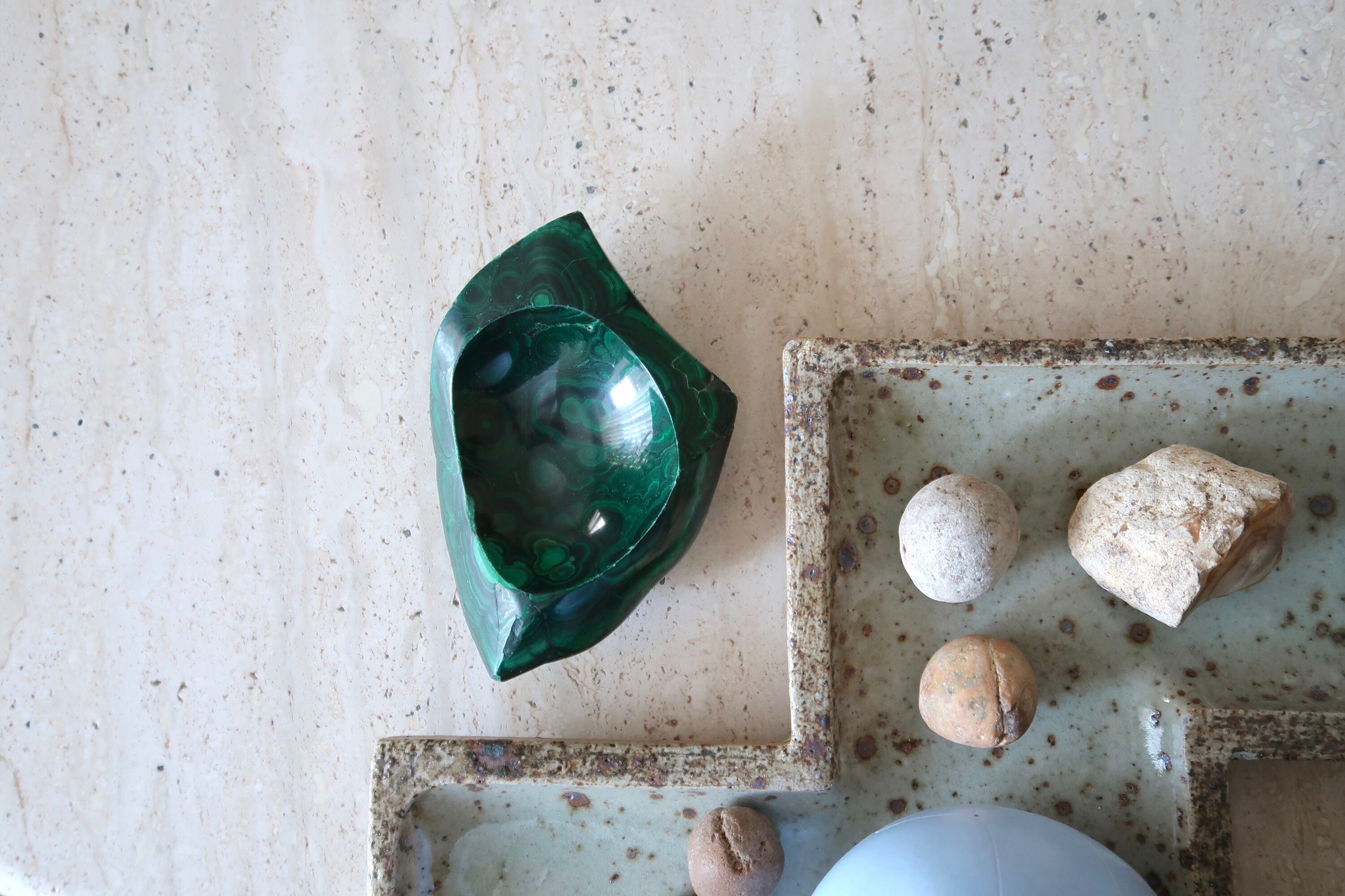 Vide Poche, Coupelle en Malachite, Pierre Verte, Années 70/Vintage, Minéraux, Coupe Bagues, Présento