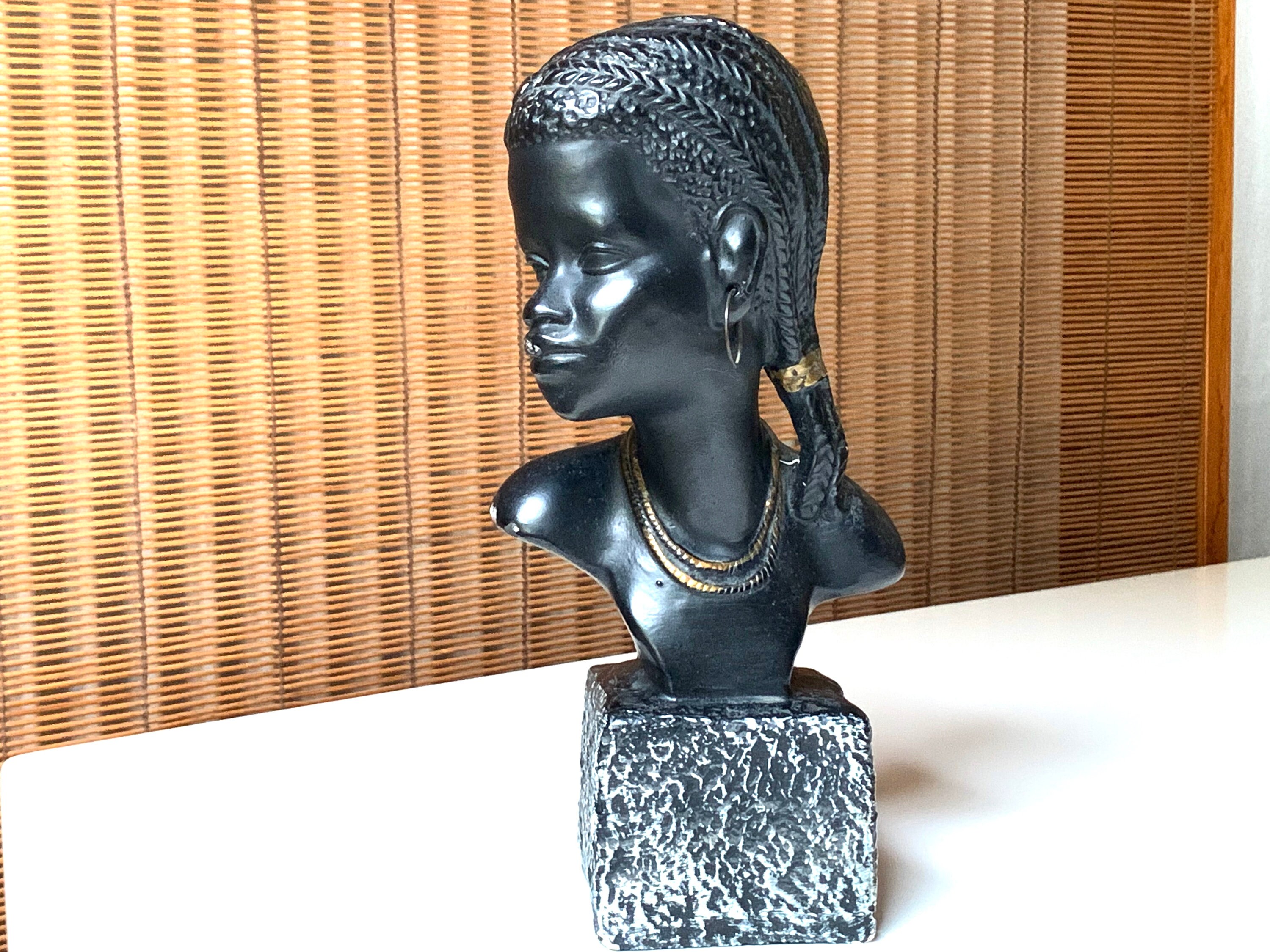 Buste de Femme Africaine en Plâtre, Années 60/Statue, Profil, Statuette