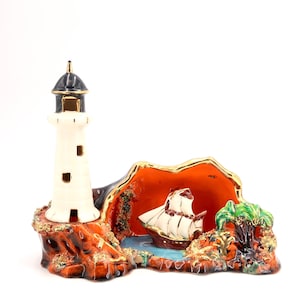 French Vallauris ceramic table lamp, lighthouse and boat, 1960s / kitsch, vintage, orange, nautical