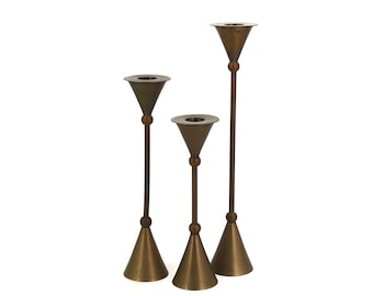 Set of 3 Brass Candlesticks by Christian de Beaumont, 1970s / Vintage Candle Holders, French Design, Mid Century Decor