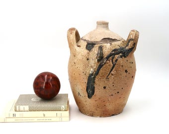 French traditional stoneware ceramic jar with handles, 1900s / jug, rustic, cottage, country, Wabi sabi, home decor,