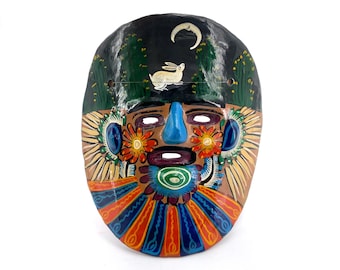 Mexican Terracotta Wall Mask, 1970s / Rabbit moon decor, Folk Art, Ceramic Wall Decor
