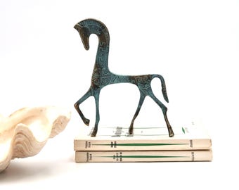 Cheval Etrusque Grec en bronze, années 50 vintage / style Frederic Weinberg, sculpture, animal, statue, figurine, Grèce antique