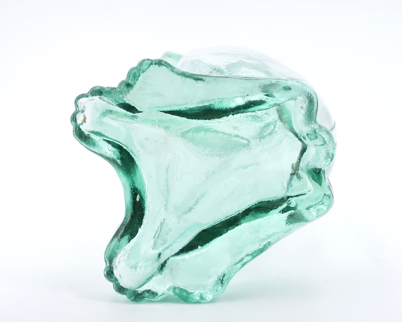 Peut inclure: Un objet en verre transparent vert clair de forme organique unique. Le verre pr&eacute;sente une texture ondul&eacute;e et un bord festonn&eacute;, cr&eacute;ant une pi&egrave;ce d&eacute;corative et artistique. L'objet est pos&eacute; sur un fond blanc.