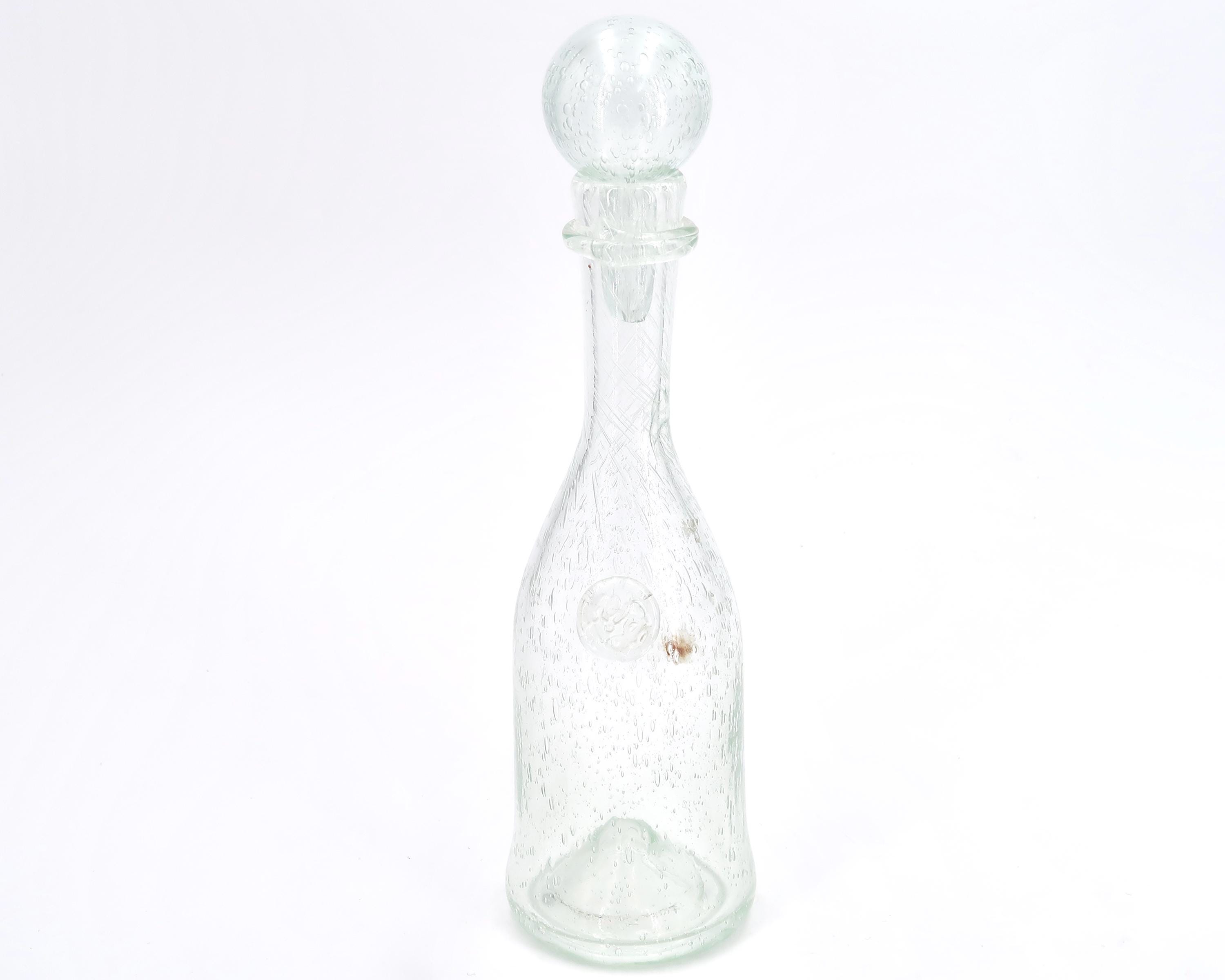 French glass decanter bottle from Biot, 1970s / stopper, jug, carafe, transparent, costa riviera, boho chic, folk, France