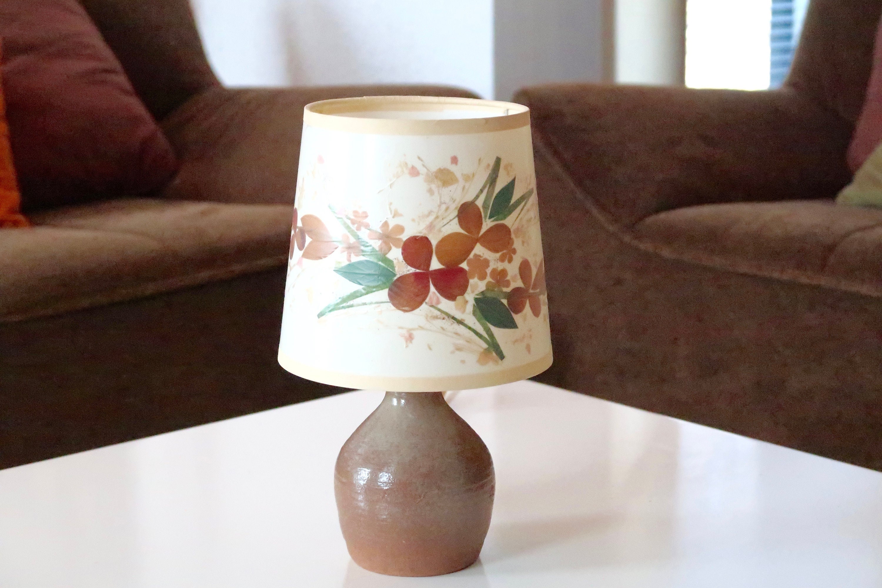 Lampe en Céramique, Abat-Jour Façon Herbier, Années 60/Vintage, Boheme Chic, Chevet, Marron