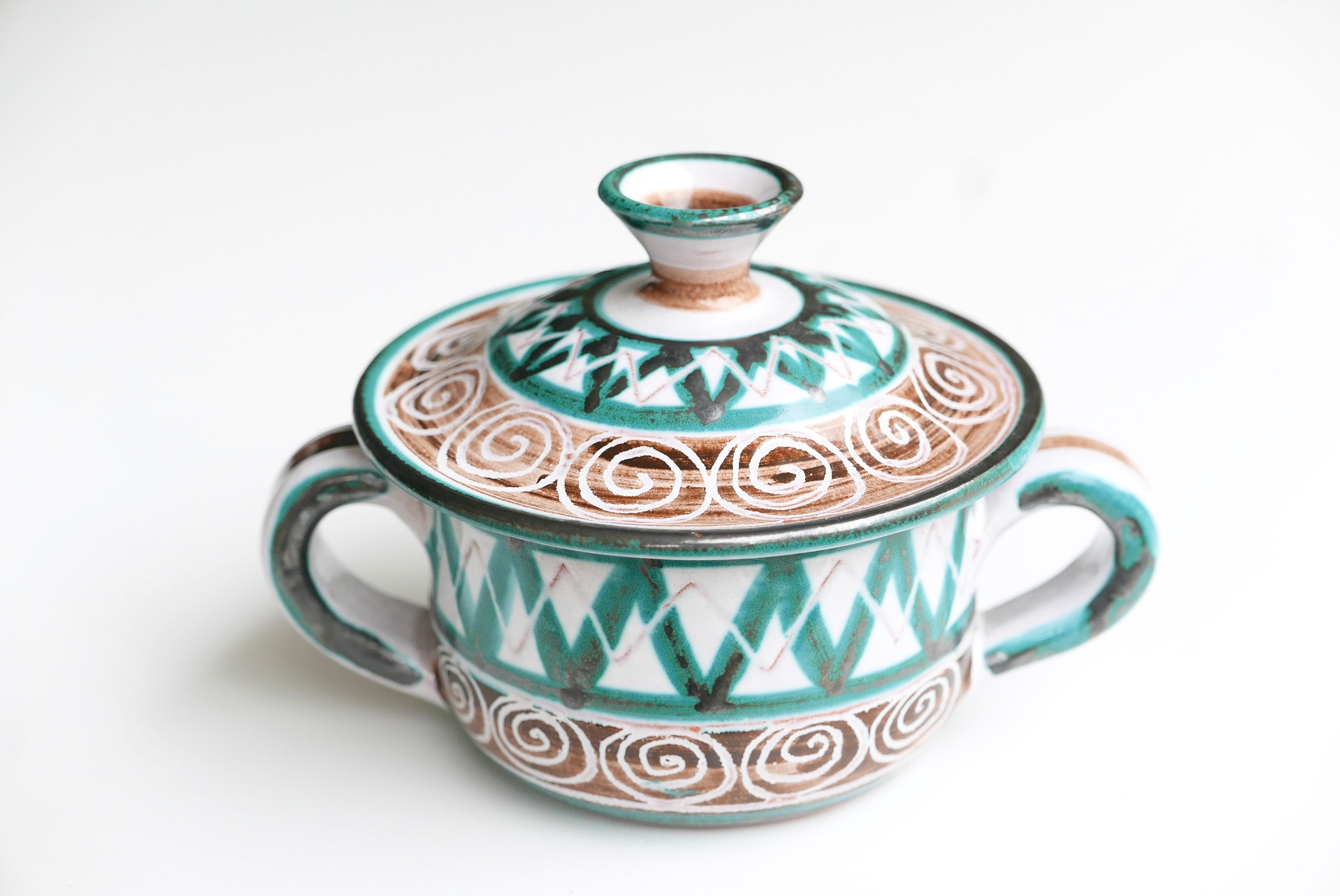 Pot Couvert à Anses de Robert Picault | 1919-2000, Vallauris Années 60 Vintage/Céramique Bleue Vert 