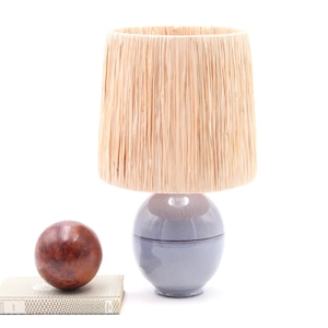 French ceramic table lamp, raffia shade, 1960s / stoneware, blue, boho chic, folk, country, white beige grey