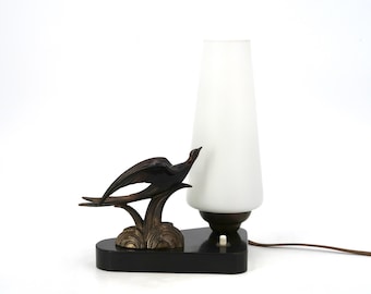 Art Deco Swallow Table Lamp, French Vintage Lighting, Marble Base & Opaline Glass, 1930s