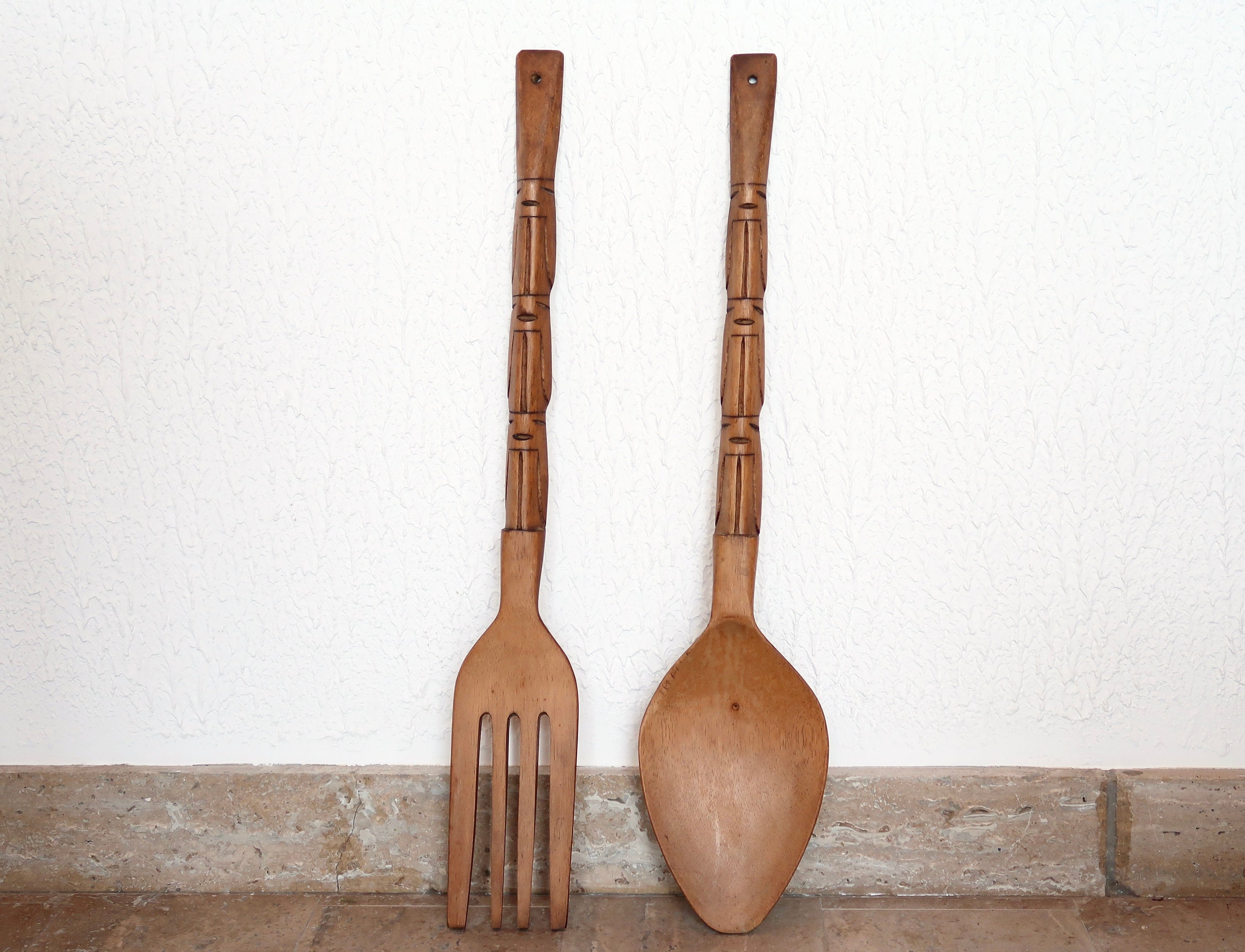 Couverts Géants en Bois, Décor Mural, Années 60 Vintage/Campagne, Rustique, Fourchette et Cuillère, 