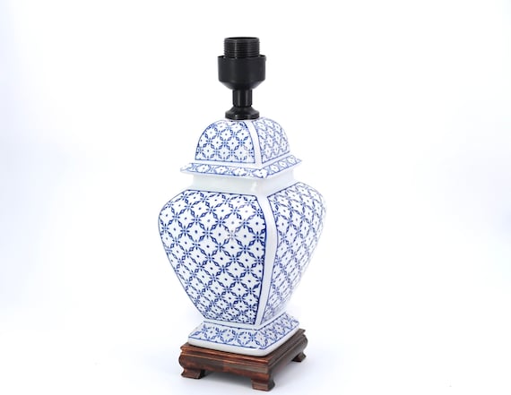 Pied de lampe en céramique bleu moucheté signé 1970