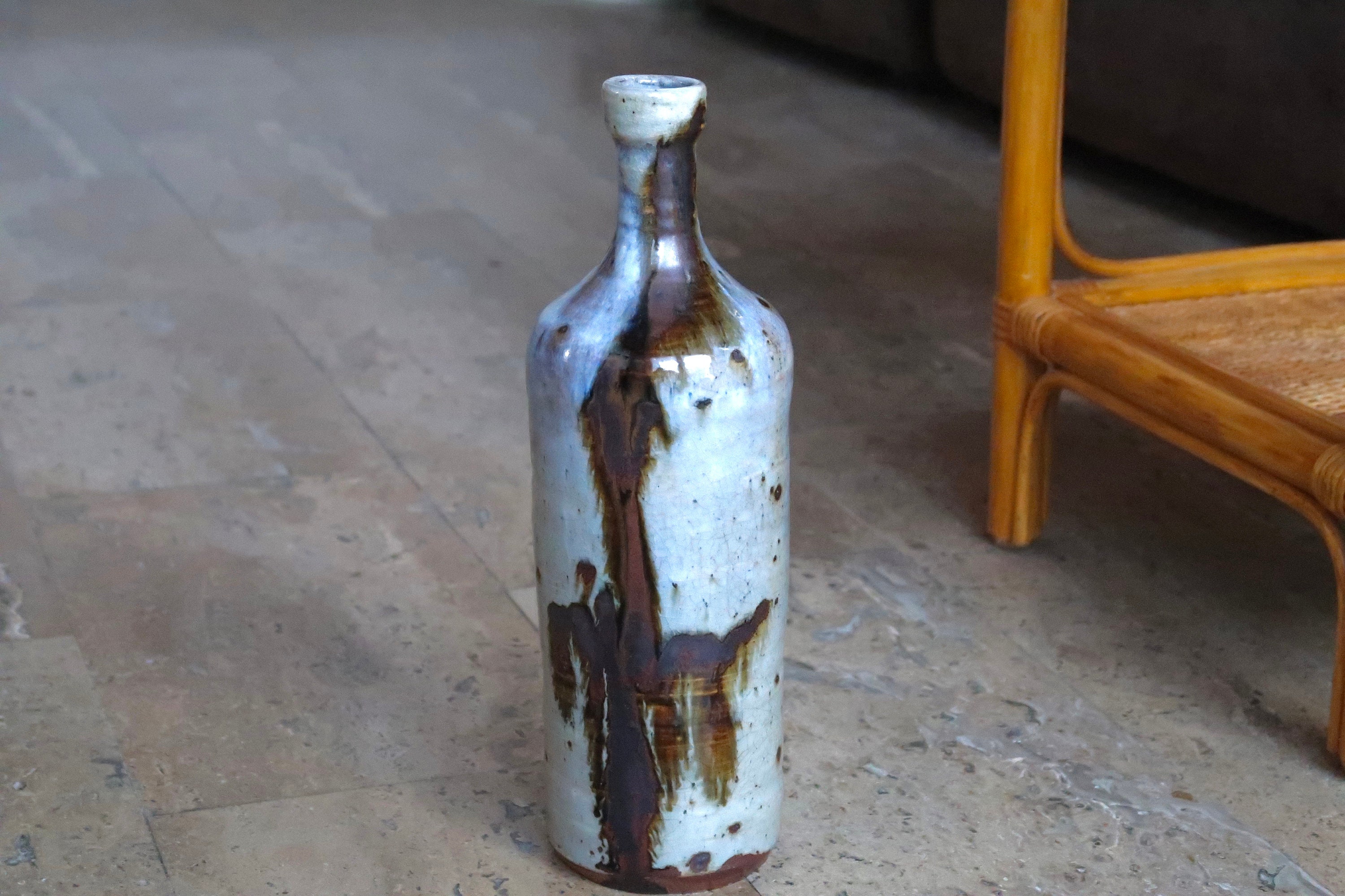 Vase Bouteille en Grès, Décor Abstrait, Années 70/Vintage, Céramique, Soliflore, Campagne, Boheme Ch