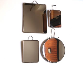 Set of 4 French rectangular and round barber mirrors, 1950s / wall or table, france paris parisian bathroom make up, magnifying, home decor