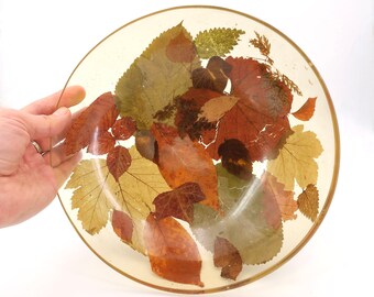 French resin centerpiece or large dish bowl with tree leaves, 1970s / Pierre Giraudon Matius style, sculpture, herbarium
