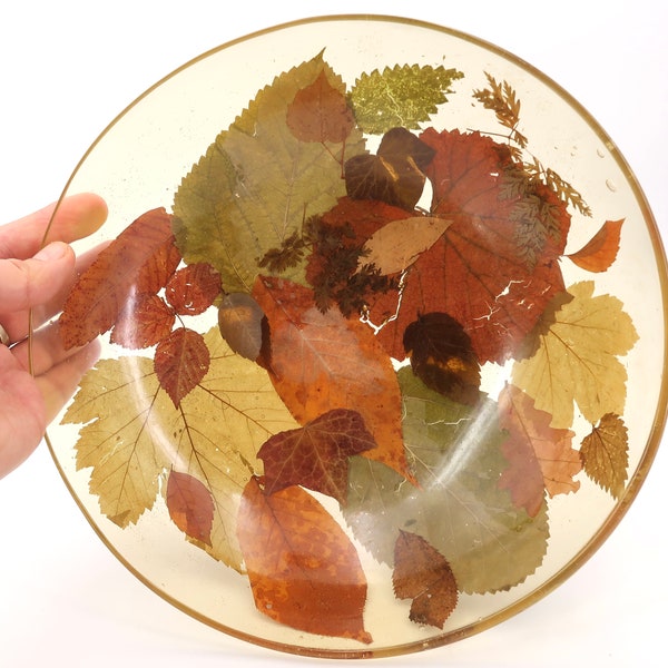 Centre de table, vide poche en résine avec inclusions de feuilles d'arbres, années 70 / Pierre Giraudon, sculpture, cabinet de curiosités