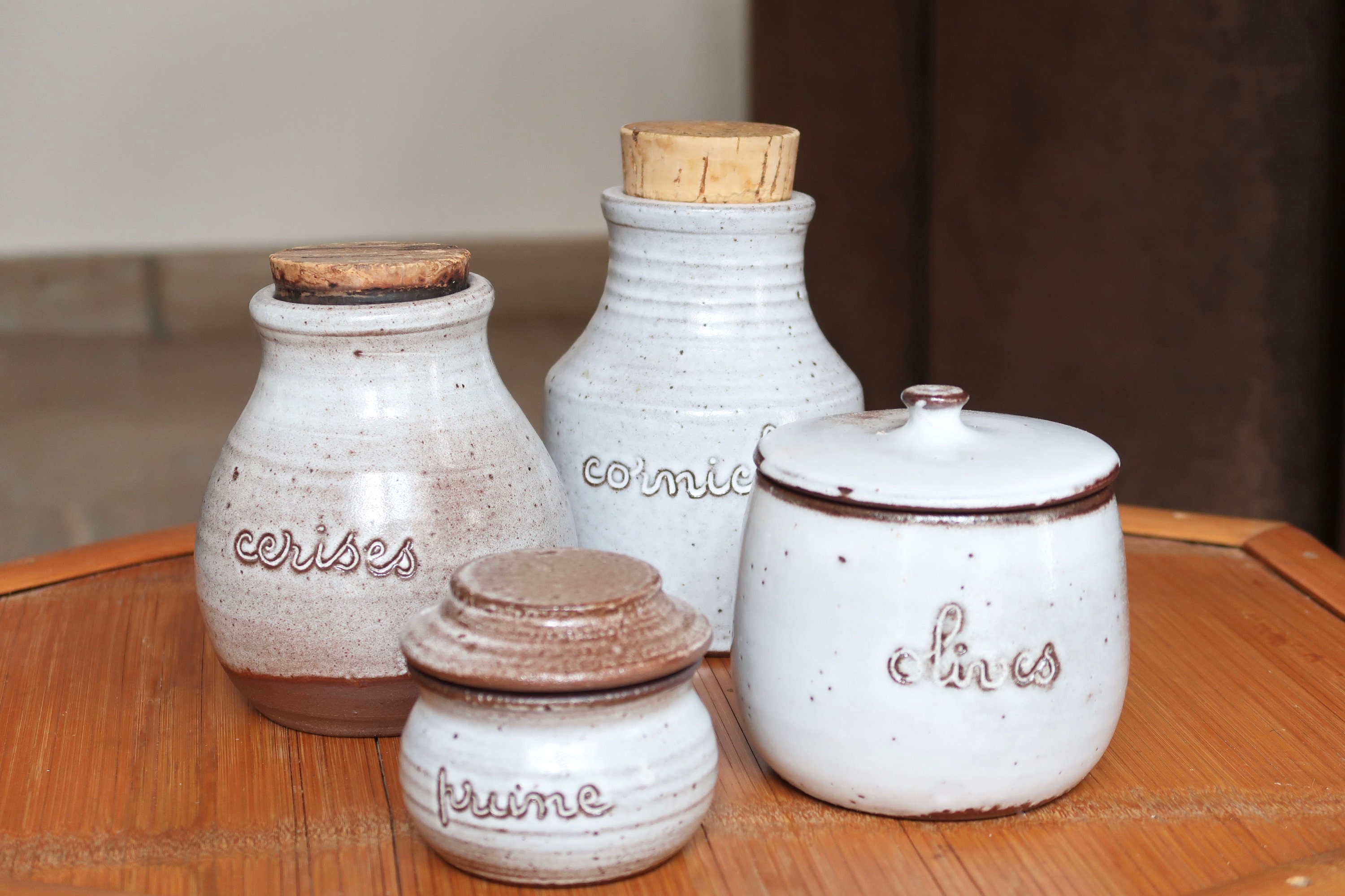 Set de 4 Pots en Grès Jeanne et Norbert Pierlot, Ratilly, Années 60, Céramique Blanche, Bocal, Corni