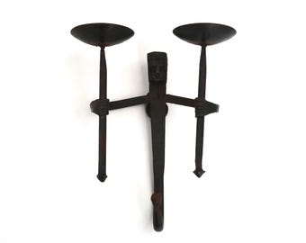 French wall anthropomorphic wrought iron candle holder, 1950s / candleholder, Jean Touret Marolles style, brut brutalist, home decor