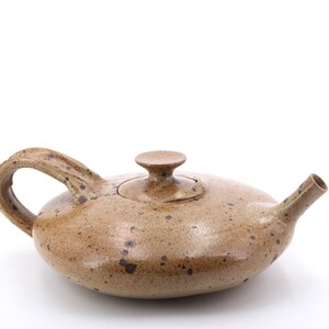 Puede incluir: Una tetera de cerámica marrón moteada con tapa y pico. La tetera tiene un aspecto rústico.