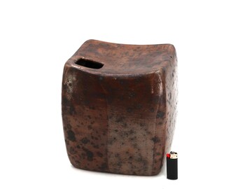 LARGE French stoneware ceramic vase, La Borne 1970s / vintage, modernist, architecture, cube, geometrical, wabi sabi, dark pottery, modern
