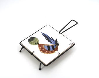 French trivet with ceramic tile by Jean Pierre Caffarelli: bird, Menton, 1960s / home decor, kitchen, Roger Capron style