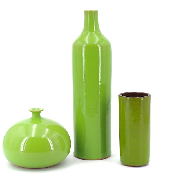 French green ceramic vase bottle by Paul Badié, Poterie de la Brague, Plascassier de Grasse, 1970s / Georges Jouve style, Ruelland, modern