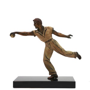 French Art Deco sculpture, man playing petanque, 1920s / France, home decor, antique