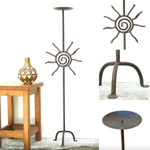 Huge floor iron candleholder with sun and spiral, 1980s / candle holder, tripod, chandelier, candelabra, boho chic