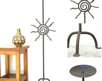 Huge floor iron candleholder with sun and spiral, 1980s / candle holder, tripod, chandelier, candelabra, boho chic