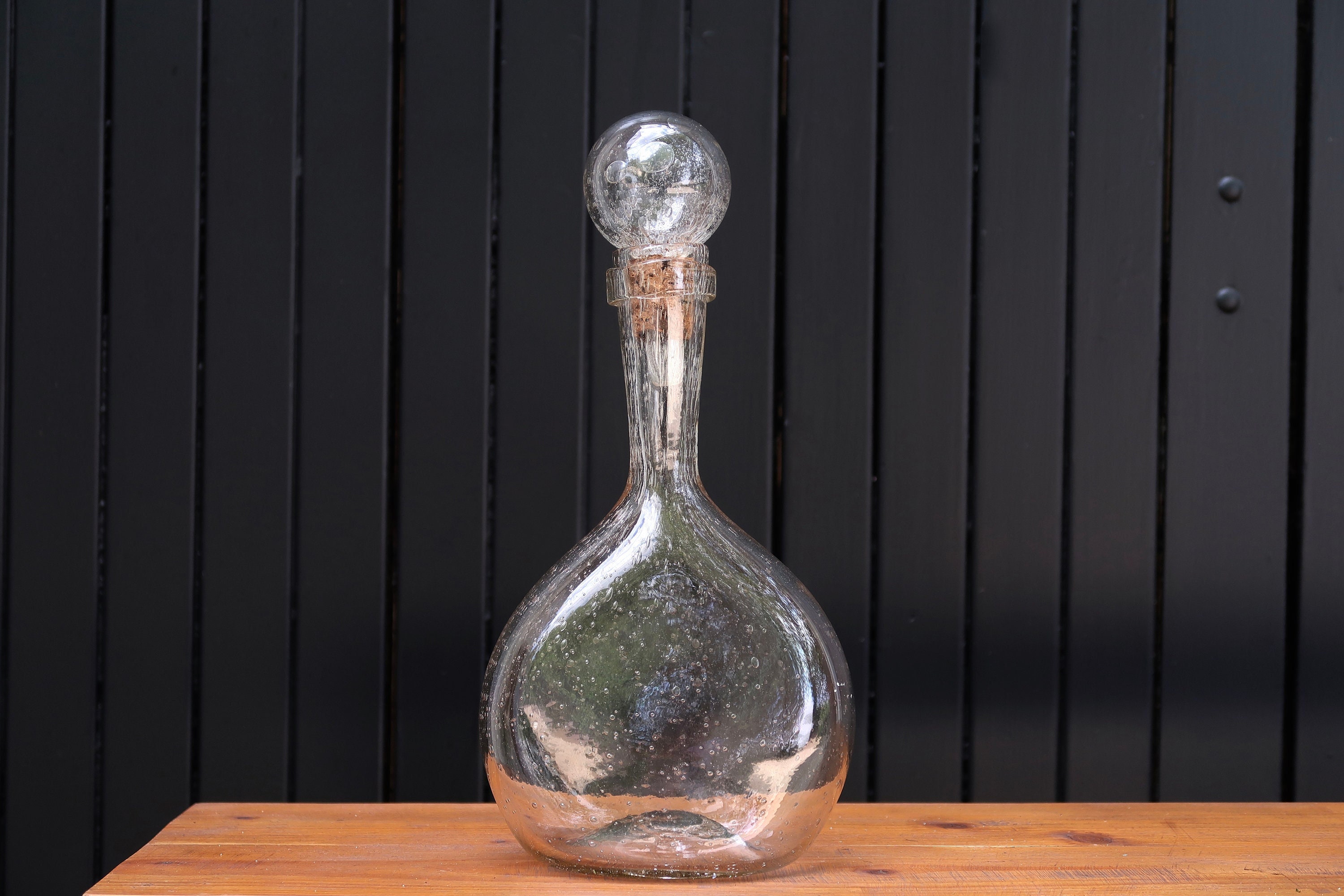 French glass decanter bottle from Biot, 1970s / stopper, jug, carafe, transparent, costa riviera