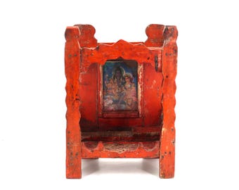 Wooden Indian temple painted red, 1970s / Home decor, Folk art, Decoration, India, Spirituality, wood, sculpture
