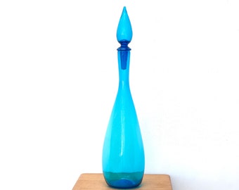 Blue Blenko glass genie bottle, 1960s / Empoli, decanter, boho chic, bohemian, folk