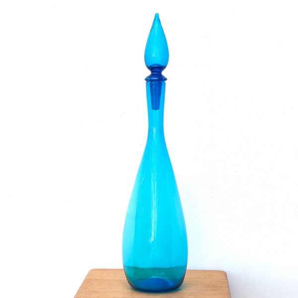 Blue Blenko glass genie bottle, 1960s / Empoli, decanter, boho chic, bohemian, folk