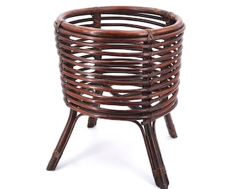 French dark bamboo planter, 1960s / mid century modern, plant stand, France, rattan