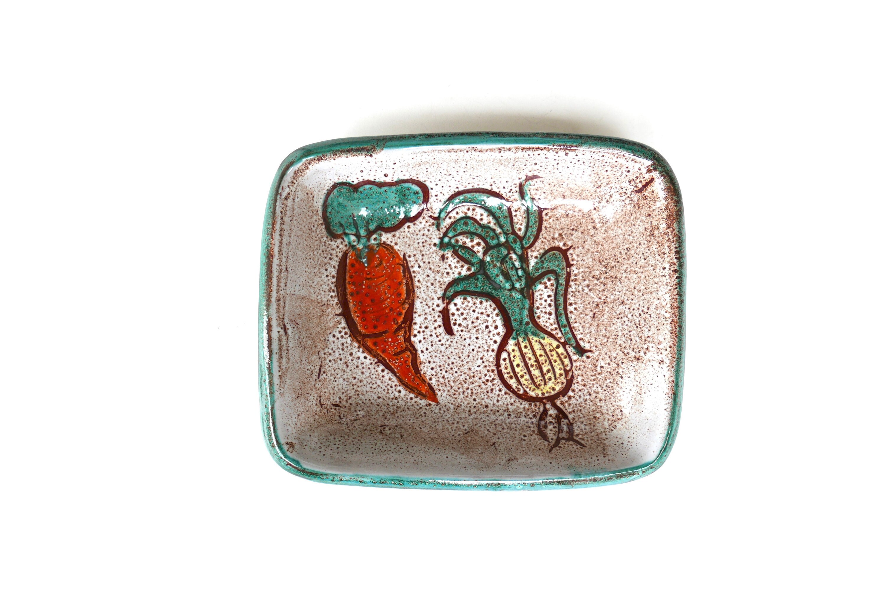 Plat Rectangulaire en Céramique, Décoré de Légumes, Vallauris Années 60/Vert, Carotte, Cuisine
