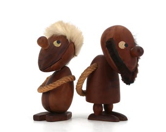 Two teck and fur figurines by Hans Bolling, Denmark 1950s / Scandinavian toy, Home decor, Danish design, Optimist Pessimist, Beard bearded