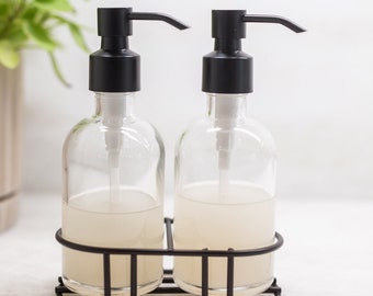 Soap Dispenser Set with Caddy | Glass Soap Dispenser with Metal Soap Pump Set w/ Metal Stand