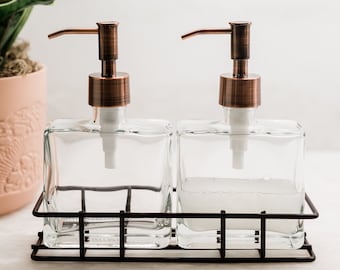 Soap Dispenser Set with Caddy | Urban Glass Soap + Lotion Dispenser Set w/ Metal Stand