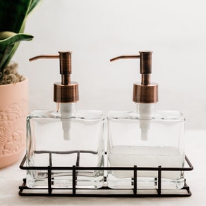Soap Dispenser Set with Caddy | Urban Glass Soap + Lotion Dispenser Set w/ Metal Stand
