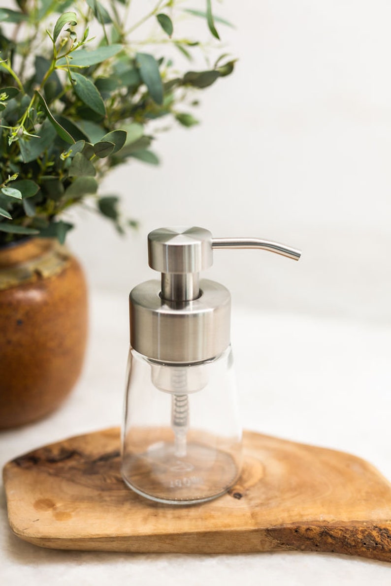 Small Glass Foaming Soap Dispenser with Stainless Metal Pump image 4