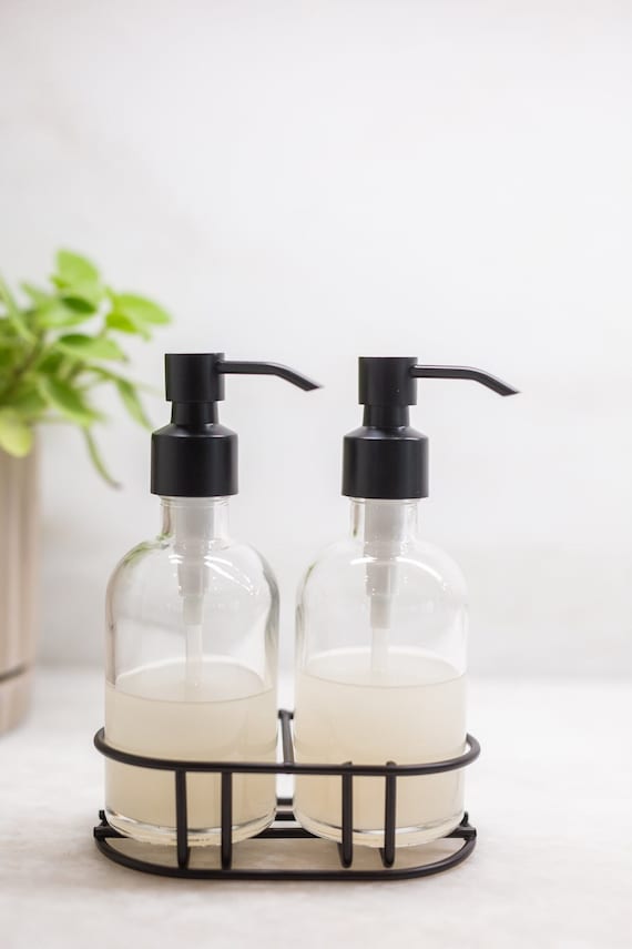 Soap Dispenser Set With Caddy Glass Soap Dispenser With Metal Soap Pump Set  W/ Metal Stand 