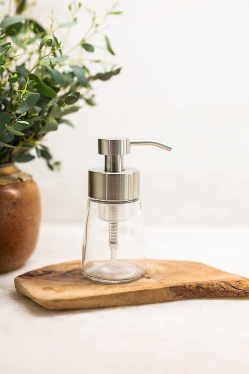 Small Glass Foaming Soap Dispenser with Stainless Metal Pump image 1