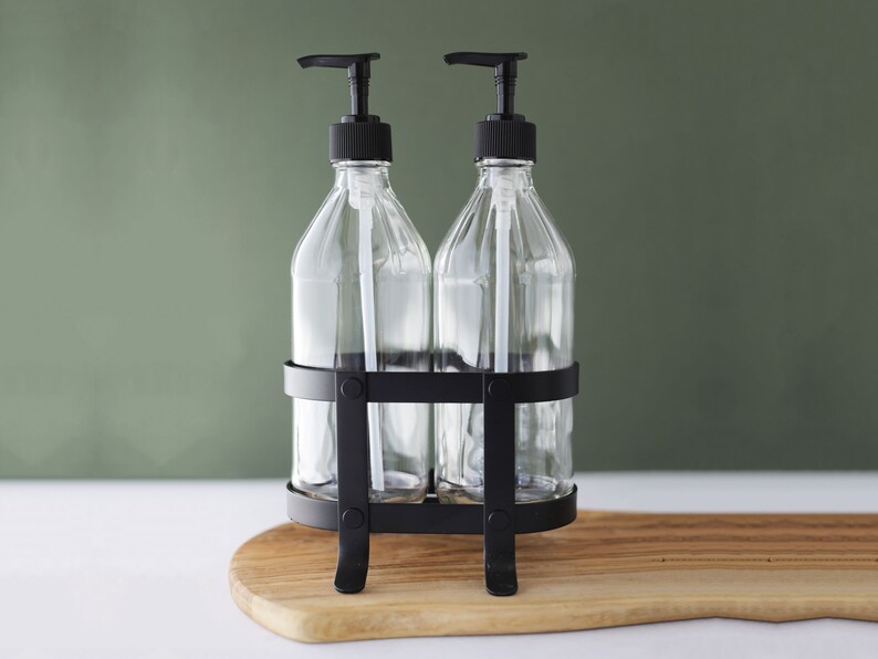 Vintage Kitchen Dish Soap Hand Dispenser Set With Black Metal Stand Caddy Perfect For The Sink