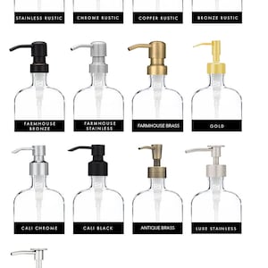 May include: A set of 11 glass soap dispensers with various metal pump tops. The pumps are in finishes like stainless steel, chrome, copper, bronze, black, gold, and antique brass. The labels on the bottles include names like "Stainless Rustic", "Farmhouse Bronze", "Cali Chrome", and "Luxe Nickel".