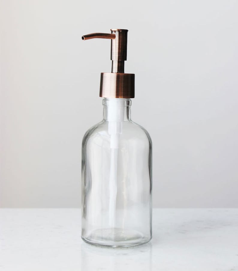 Soap Dispenser | Small Clear Recycled Glass Soap Dispenser w/ Metal Pump Copper Rustic